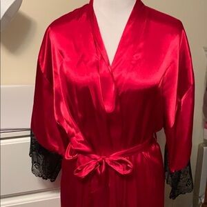 Apt 9 red satiny robe with black lace at sleeve